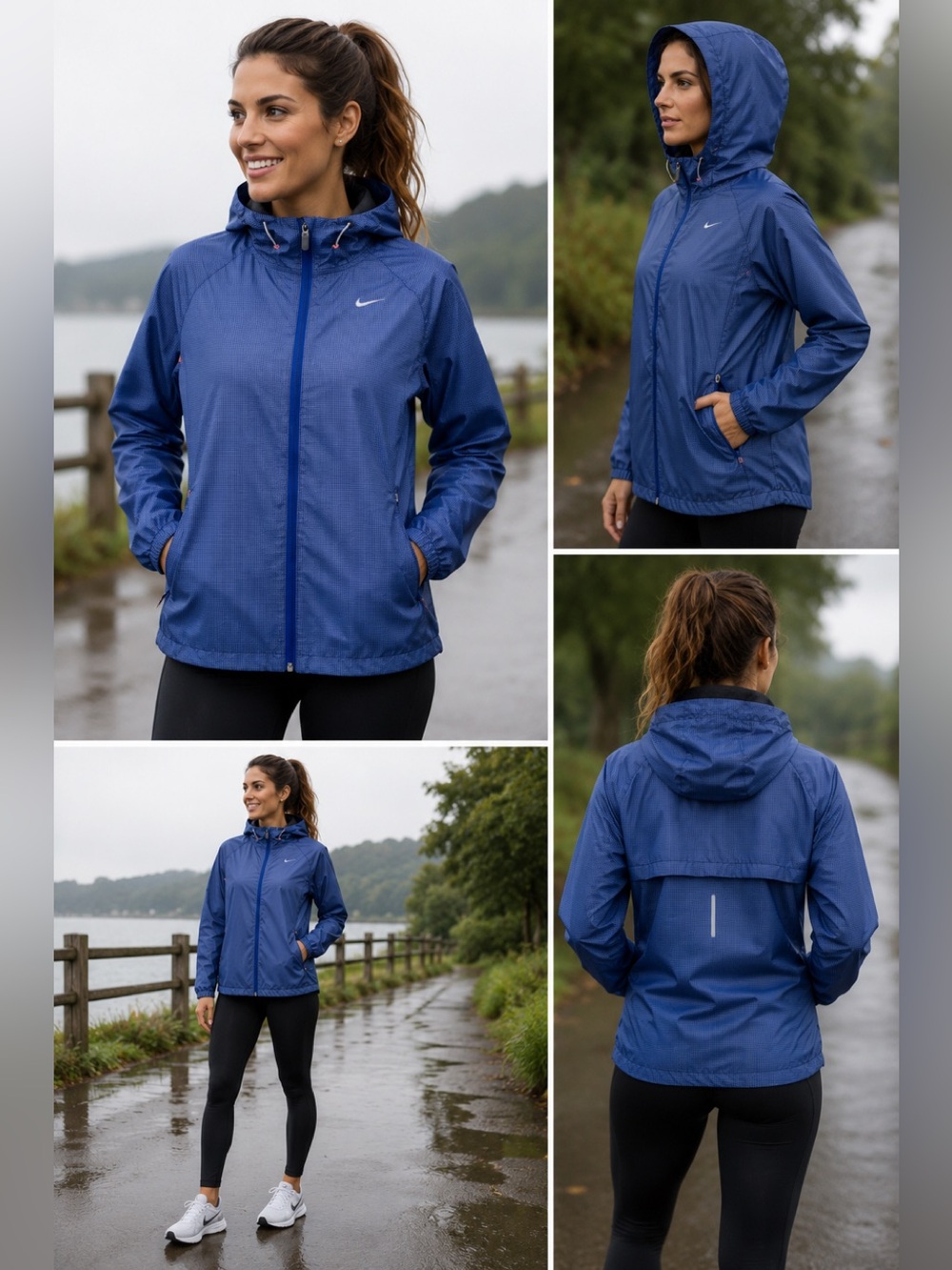 Nike Running Blue Micro Check Hooded Rain Jacket Windbreaker Women’s Size M